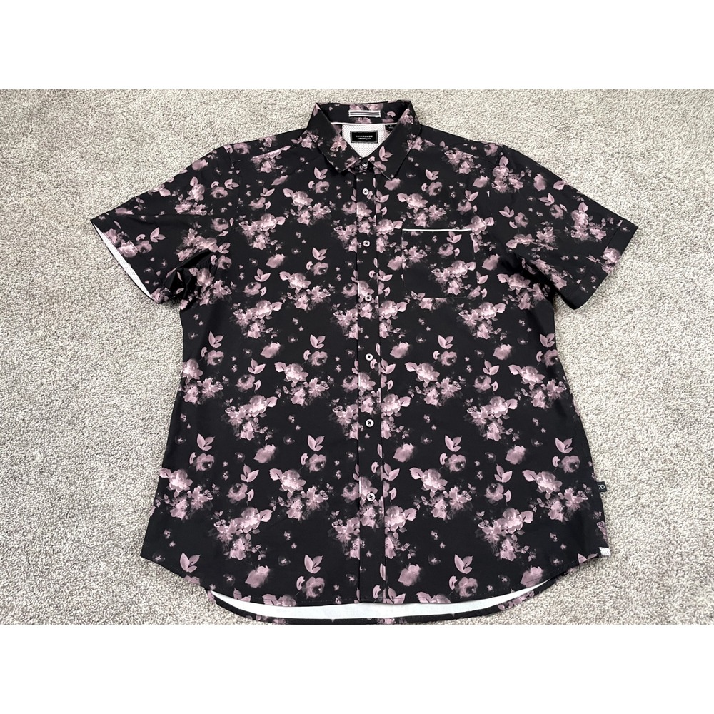 7 Diamonds Shirt Mens XL Button Down Short Sleeve Floral 4 Way Stretch Black Top